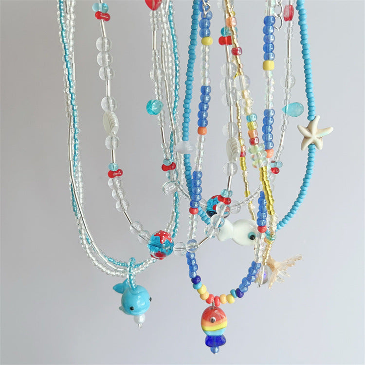 Wholesale Colorful Summer Dopamine Small Fish Pendant Blue Beaded Necklace