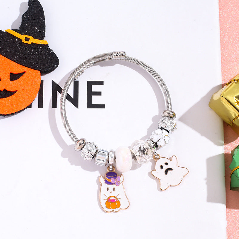 Wholesale Halloween Bat Ghost Witch Alloy Pendant Stainless Steel Bracelet ACC-BT-QingLian007