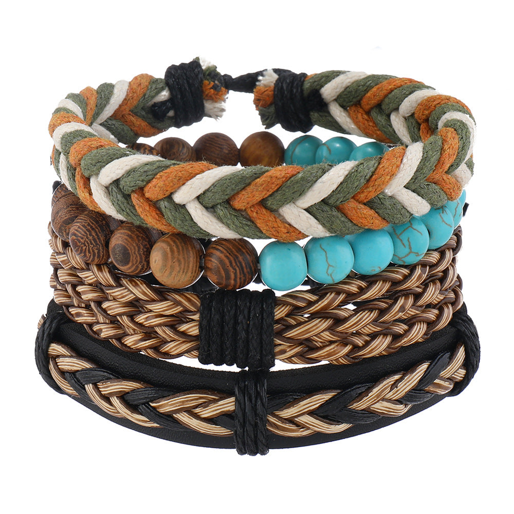 Wholesale Bohemian Handmade Woven Wood Turquoise Bracelet Set