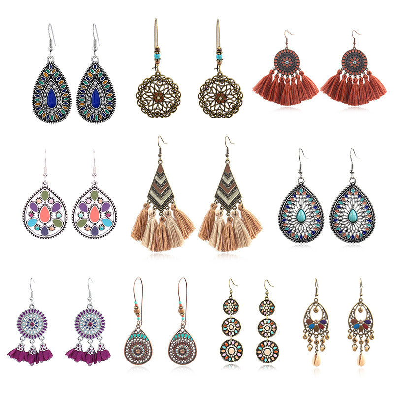 Wholesale Retro Ethnic Tassel Earrings Alloy Oil Drop Jewelry Accessory