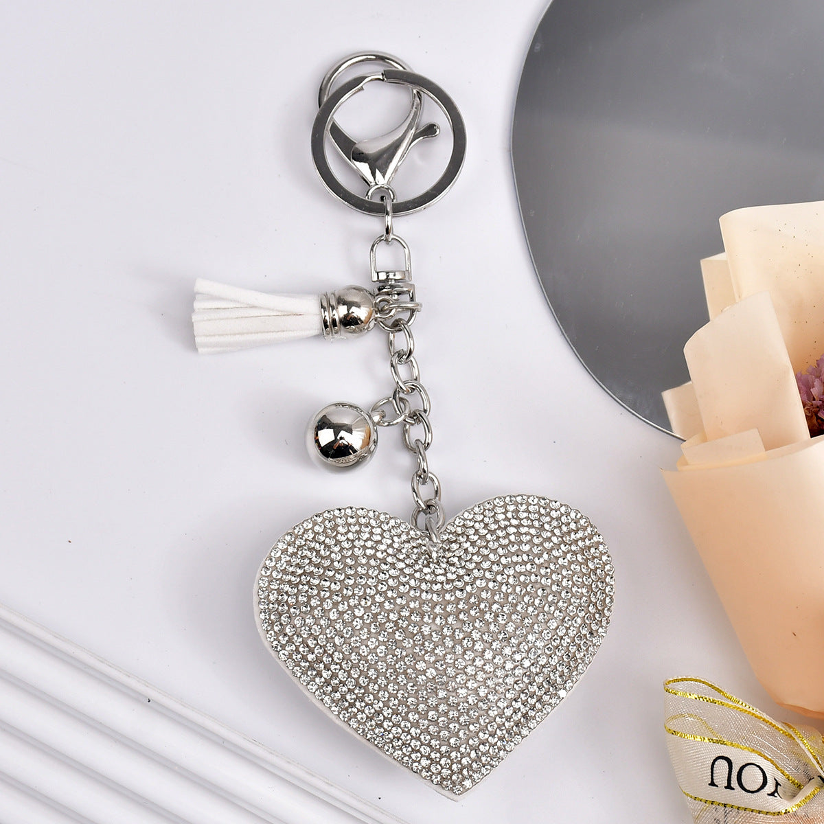 Wholesale  Peach Heart Rhinestone Leather Keychain