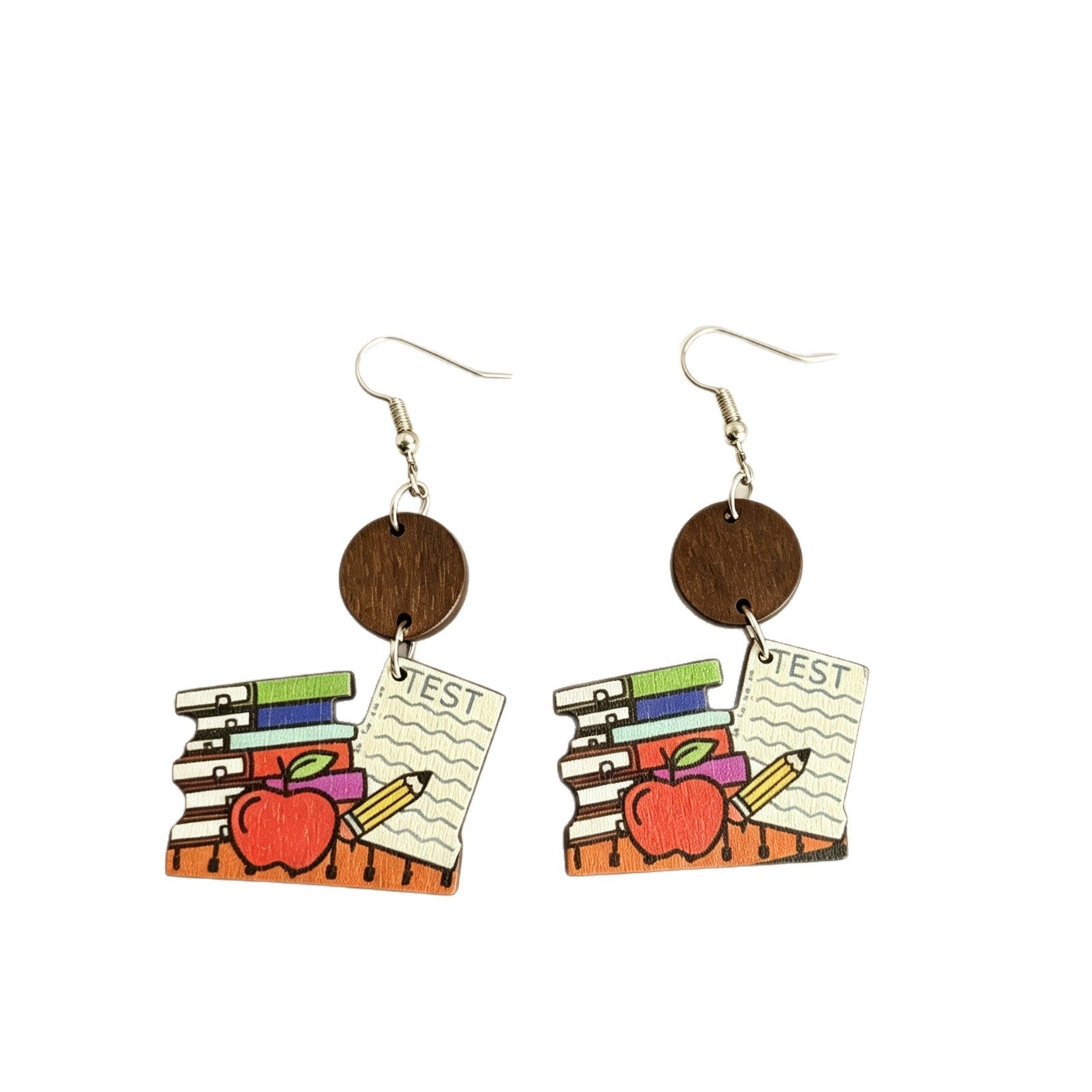 Wholesale Wooden Earrings Teacher Book Pencil Cartoon Print Back to School Fashion Accessory