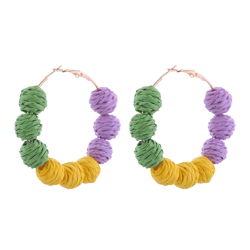 Wholesale carnival handmade braided earrings purple yellow green tricolor beaded long earrings