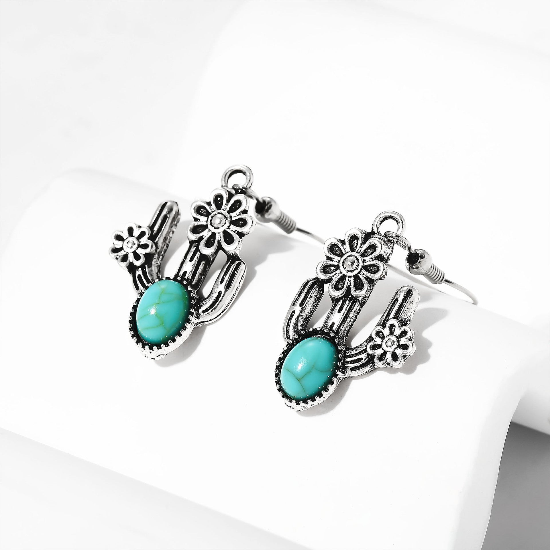 Wholesale Personalized Earrings  Retro Cactus Flower Turquoise Earrings