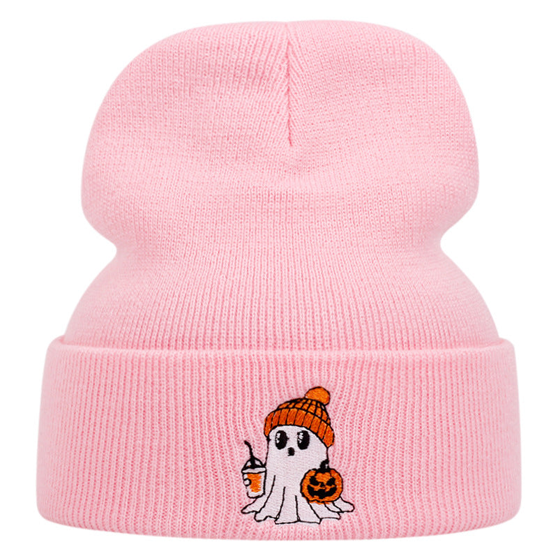 Wholesale Warm Knit Beanie With  Ghost Pumpkin Embroidery Unisex Winter Hat For Daily Wear And Party