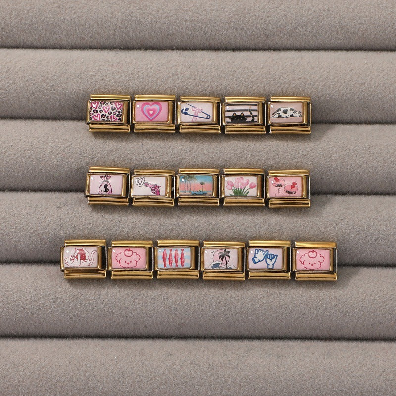 Wholesale Gold Plated Stainless Steel DIY Italian Modular Bracelet Charms Pink Cute Fashion Jewelry Accessory For Boutique Resale