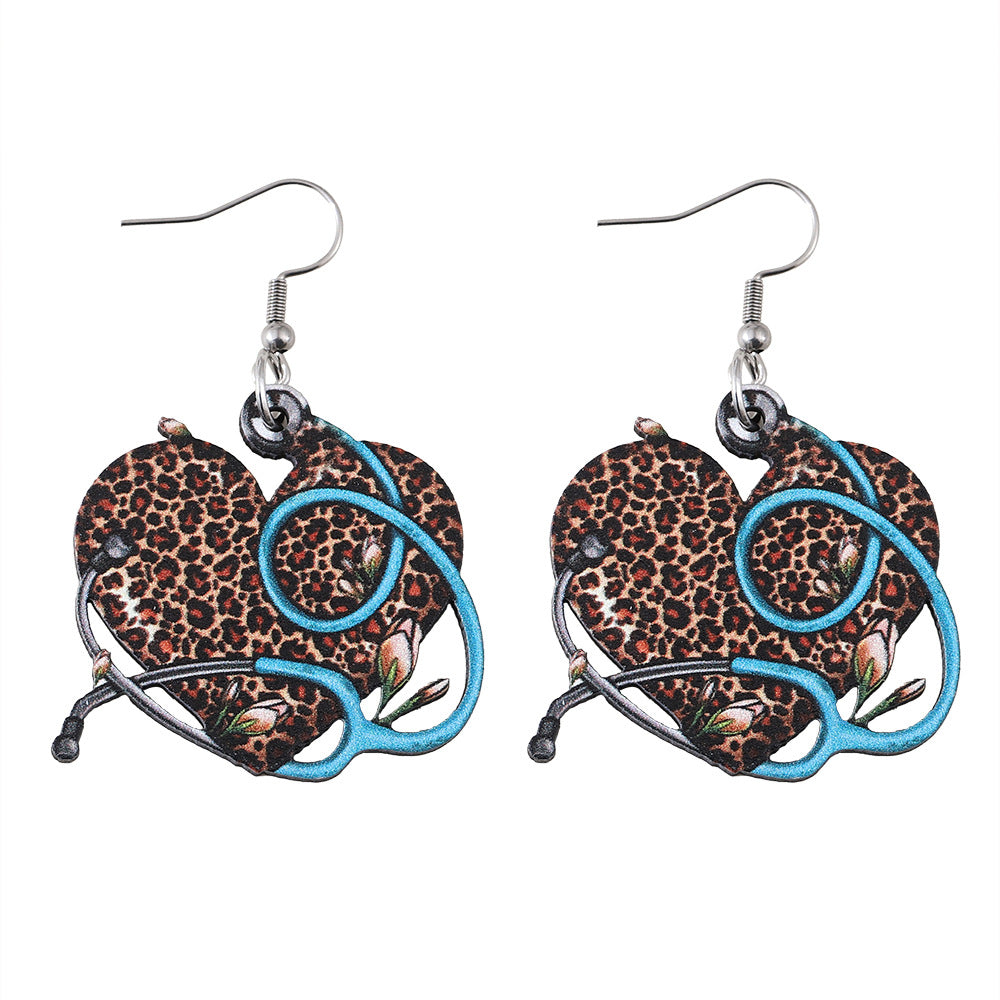 Wholesale Nurses'  Day Wooden Double-Sided Earrings  Western-Style Stethoscope &  Leopard-Print Heart Pendant Earrings