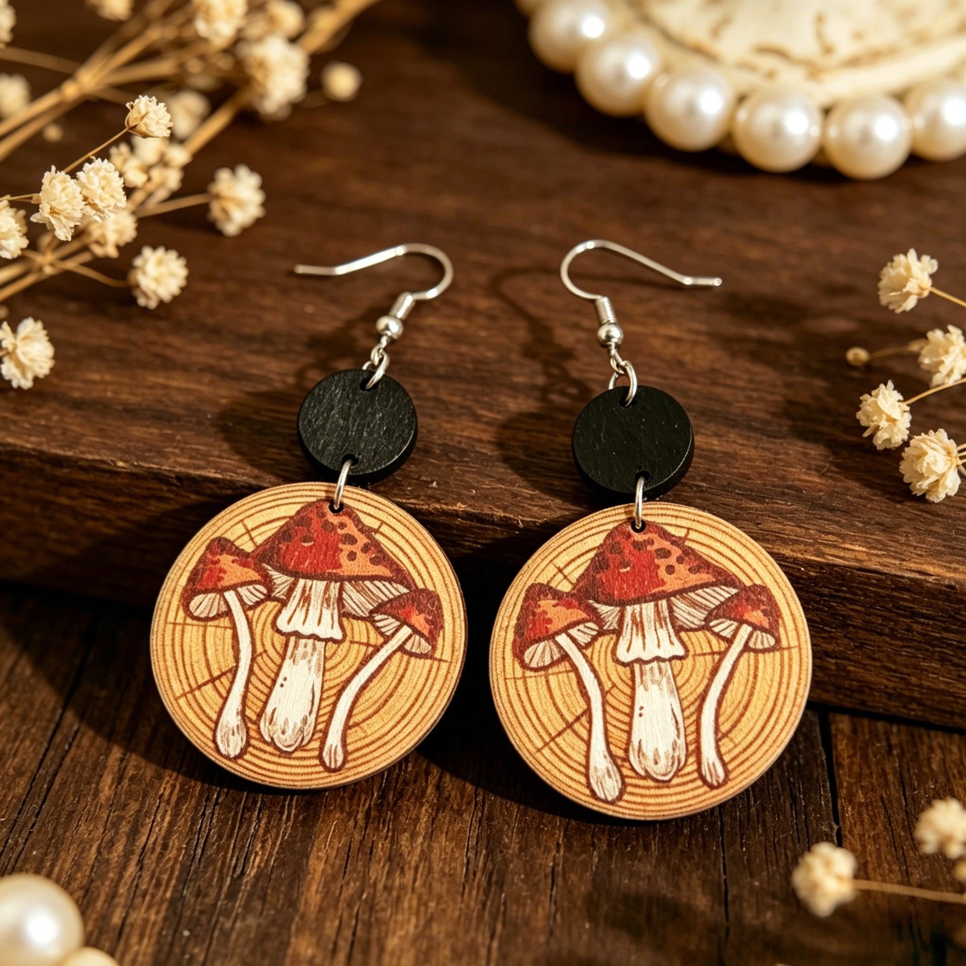 Wholesale Wooden Round Mushroom Print Earrings - Fashion Accessory for Women
