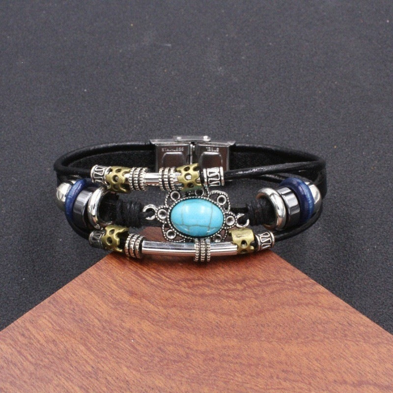Wholesale Handwoven Leather Turquoise Bracelet Men Unisex Trendy Jewelry Accessory