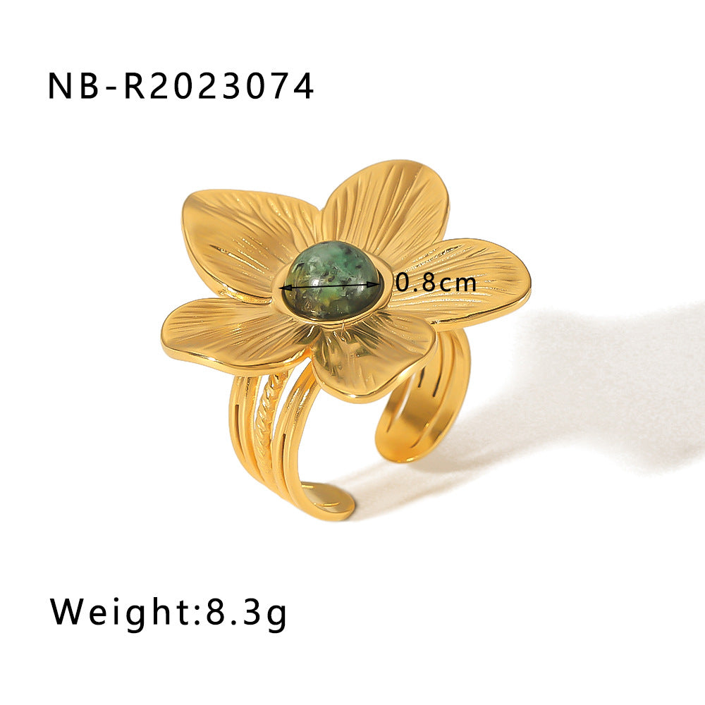 Wholesale Golden Flower Butterfly Stainless Steel 18k Gold Plated Turquoise Open Ring ACC-RS-Xiny003