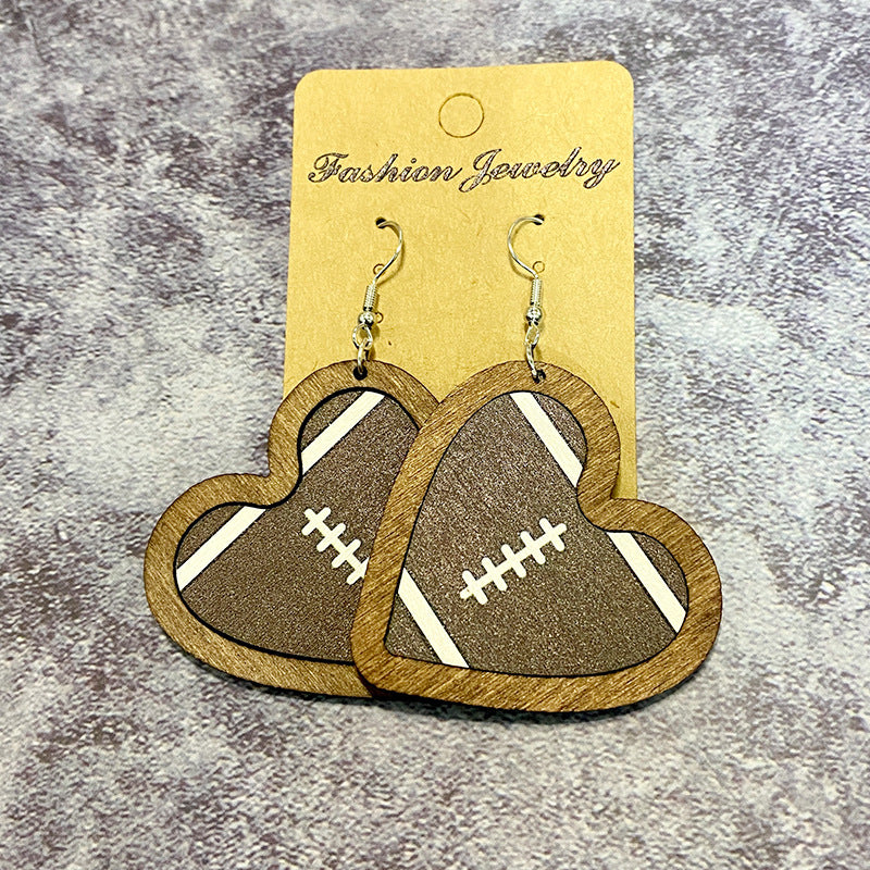 Wholesale Wooden Heart Shaped Sports Ball Earrings Fashion Jewelry Accessory For Casual Wear