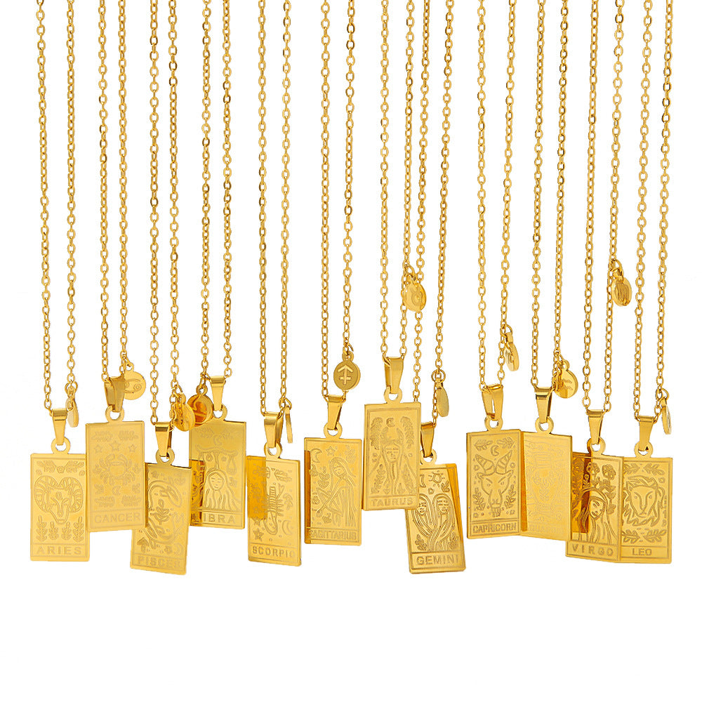Wholesale stainless steel twelve constellation simple necklace 18K gold plated square clavicle chain