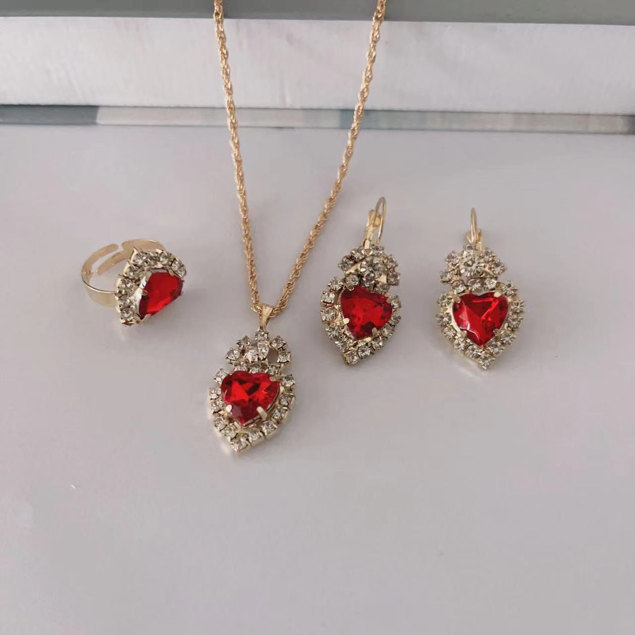 Wholesale Water Drop Heart Rhinestone Set Necklace Earrings Ring ACC-NE-AnHe005