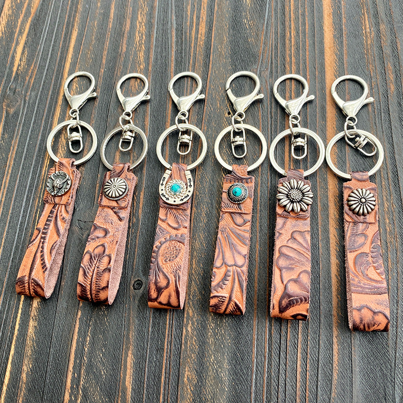 Wholesale Western Vintage Leather Keychain With Turquoise Accent Car Key Accessory And Gift