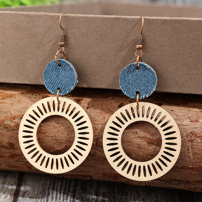 Wholesale Wooden Vintage Bohemian Double-Layer Hollow Circle Earrings Jewelry Accessory