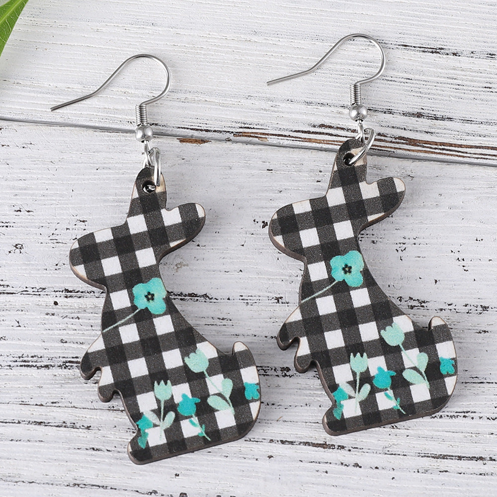 Wholesale Easter Black and White Check Flower Bunny Pendant Earrings