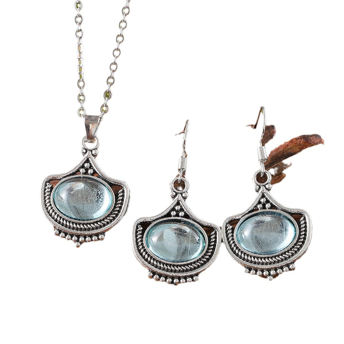 Wholesale  Retro Blue Oval Gemstone Pendant  Necklace Earrings