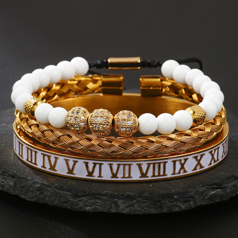 Wholesale Zircon Skull Crown Stainless Steel White Oil Drop Roman Numeral Bracelet Set