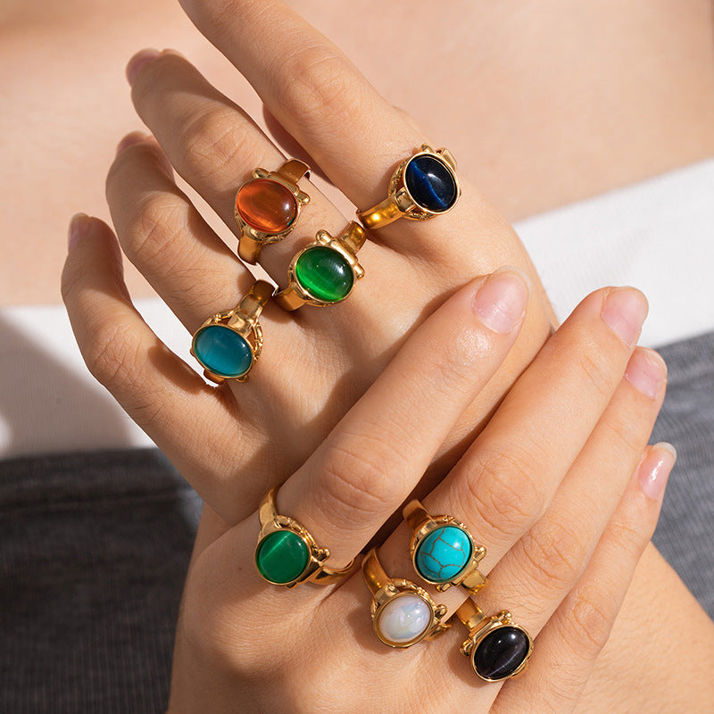 Wholesale Retro Adjustable Titanium Steel Ring with Multi-Color Natural Stone Jewelry Accessory