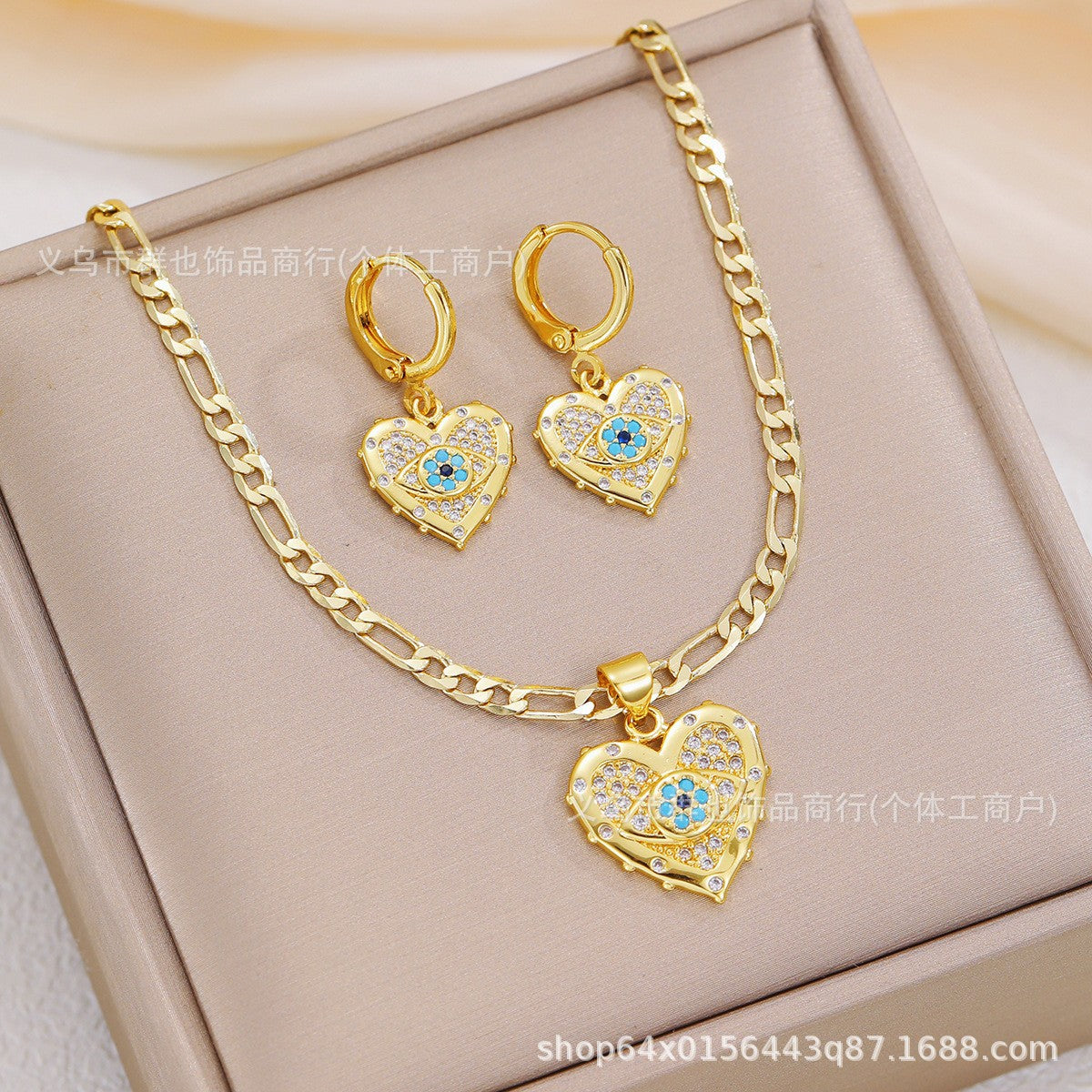 Wholesale Devil' s Eye Heart Earring and Necklace Set Gold Copper Zircon Fashion Jewelry Accessory Gift