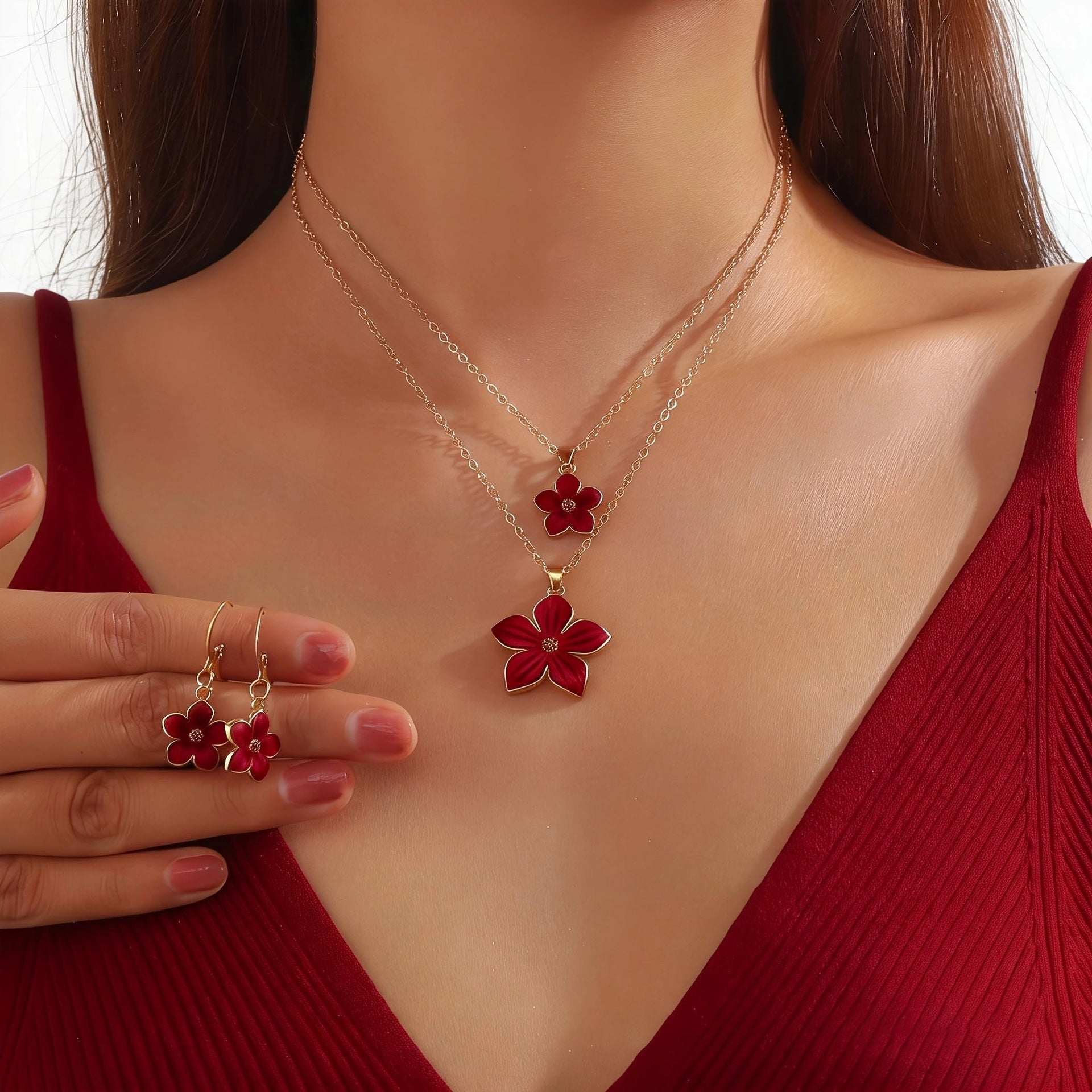 Wholesale Trendy Red Flower Rhinestone Necklace and Earrings Set,  Metal Electroplated Multi-Layer Chain,  Boutique Resale