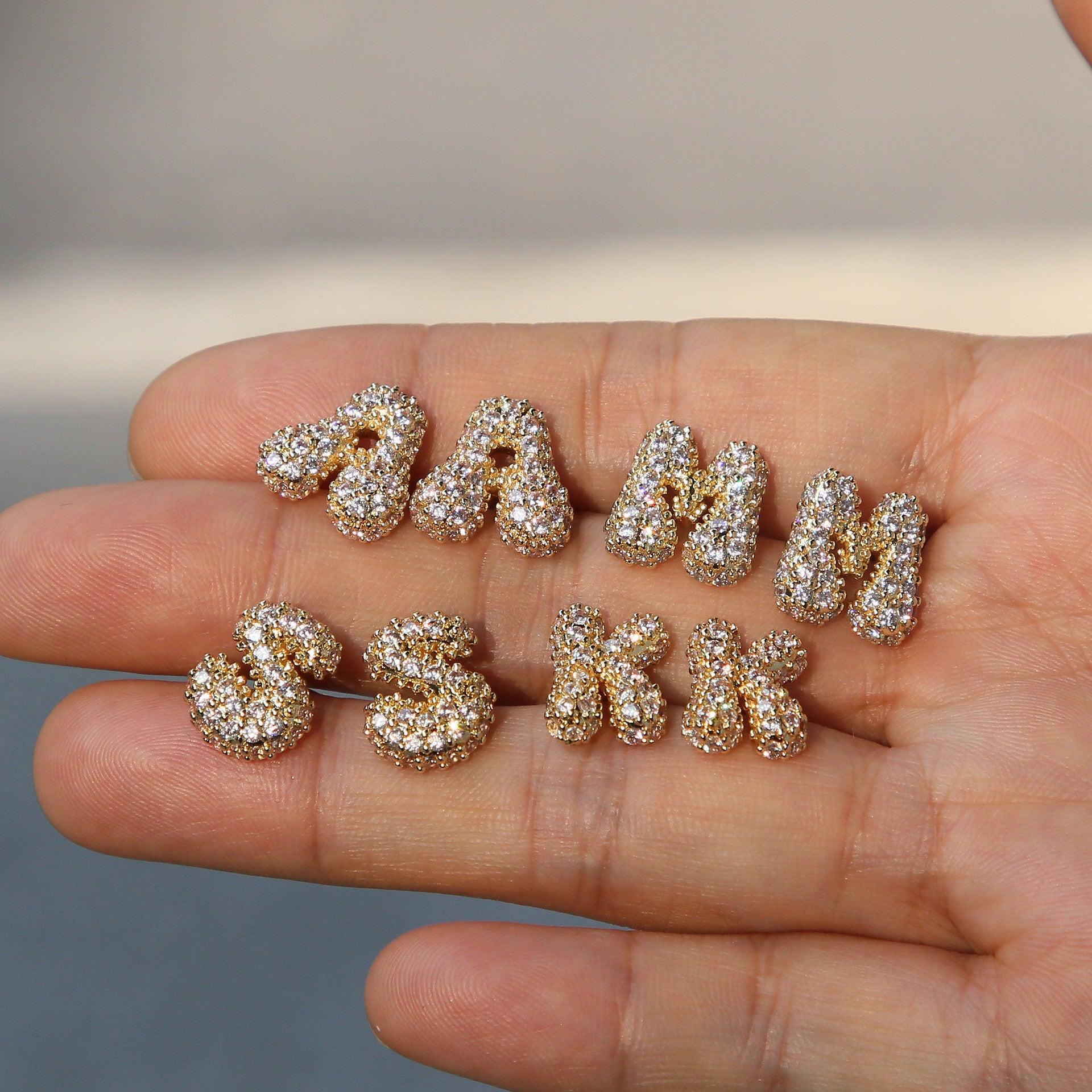 Wholesale 18k Brass Balloon Bubble Zircon small size 26 English Cute Letter Earrings