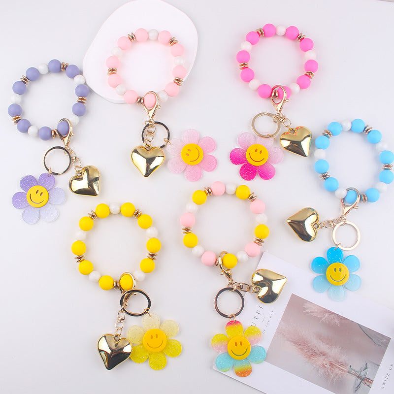 Wholesale  Silicone Beads Bracelet Keychain Cartoon Acrylic Wristlet Keychain