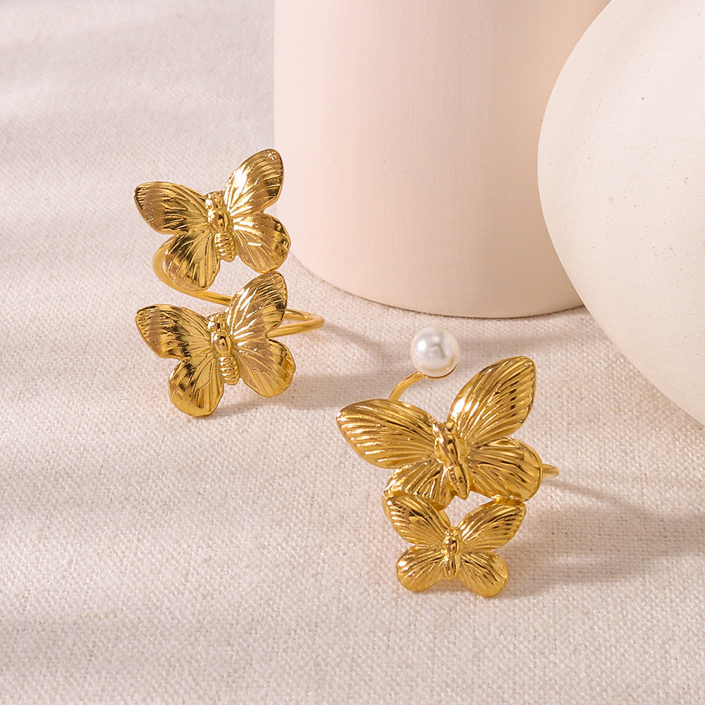 Wholesale butterfly multi-layer pearl engraved titanium steel ring