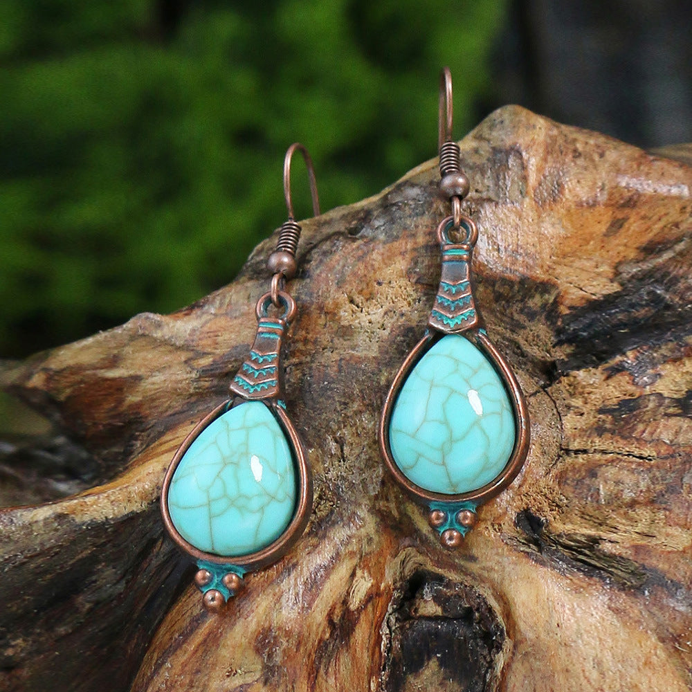 Wholesale Retro Ethnic Style Double Layer Turquoise Stud Earrings Tassel Earrings ACC-ES-MoMo008