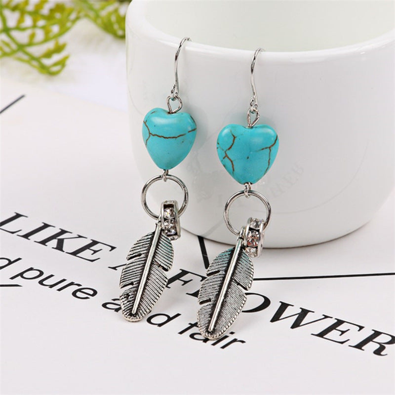 Wholesale Zinc Alloy Turquoise Heart Feather Drop Earrings Boho Style Jewelry Accessory Gift