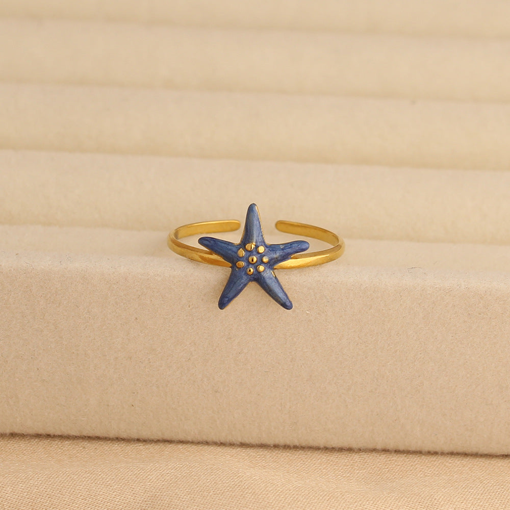 Wholesale Stainless Steel Electroplated Open Adjustable Ring with Starfish Design Women' s Fashion Accessory Gift