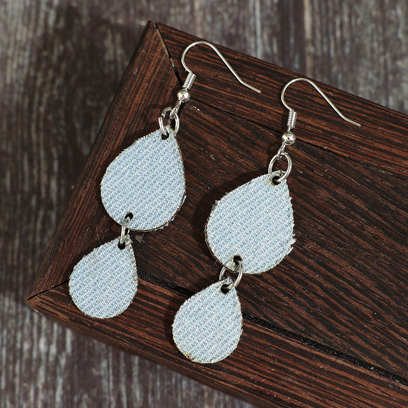 Wholesale Retro Teardrop Double-Layer Denim Print Leather Earrings Fashion Accessory Gift for Women