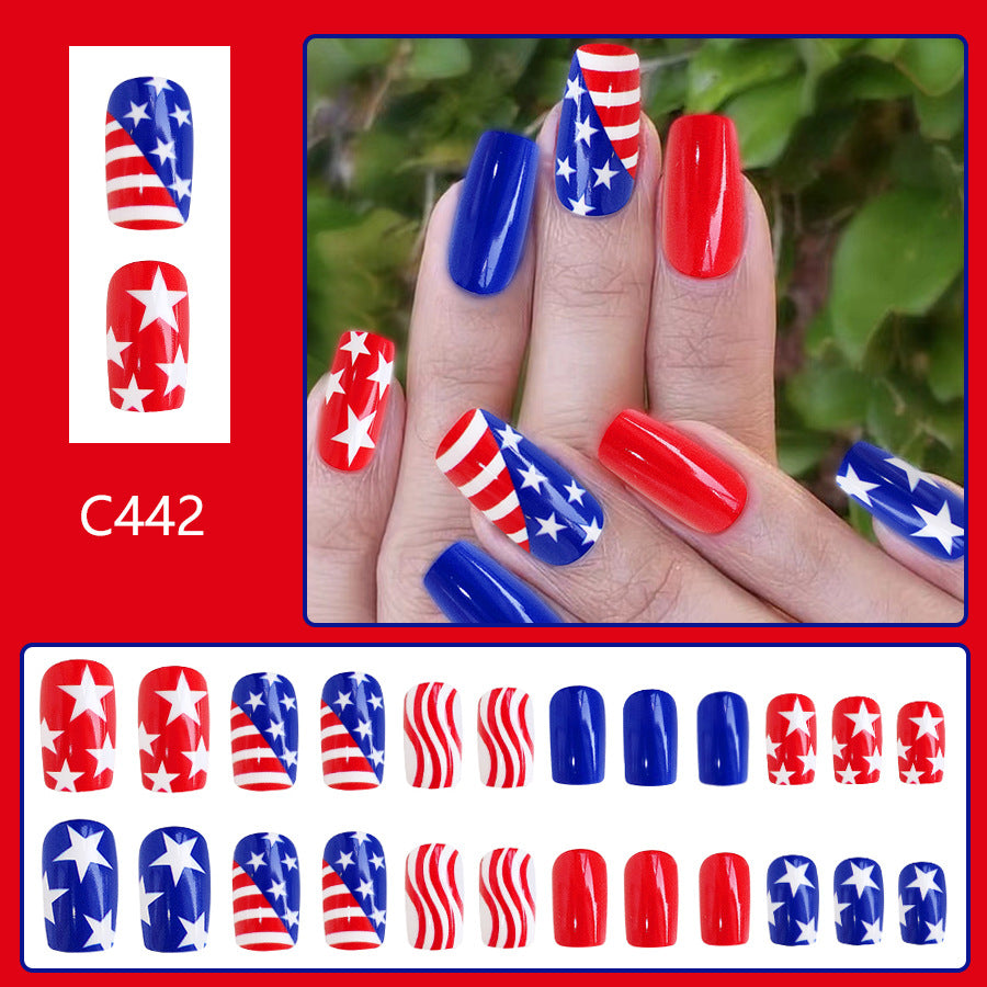 Wholesale 24 Pieces/box American Independence Day Glossy Five-Pointed Star Manicure Press-on Nails Kits Nail Stickers ACC-NS-GuaiXL040