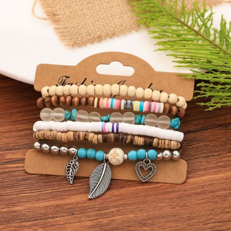 Wholesale Bohemian  Shell Wood Beads Beaded Soft y Pearl Stone Leather Bracelet