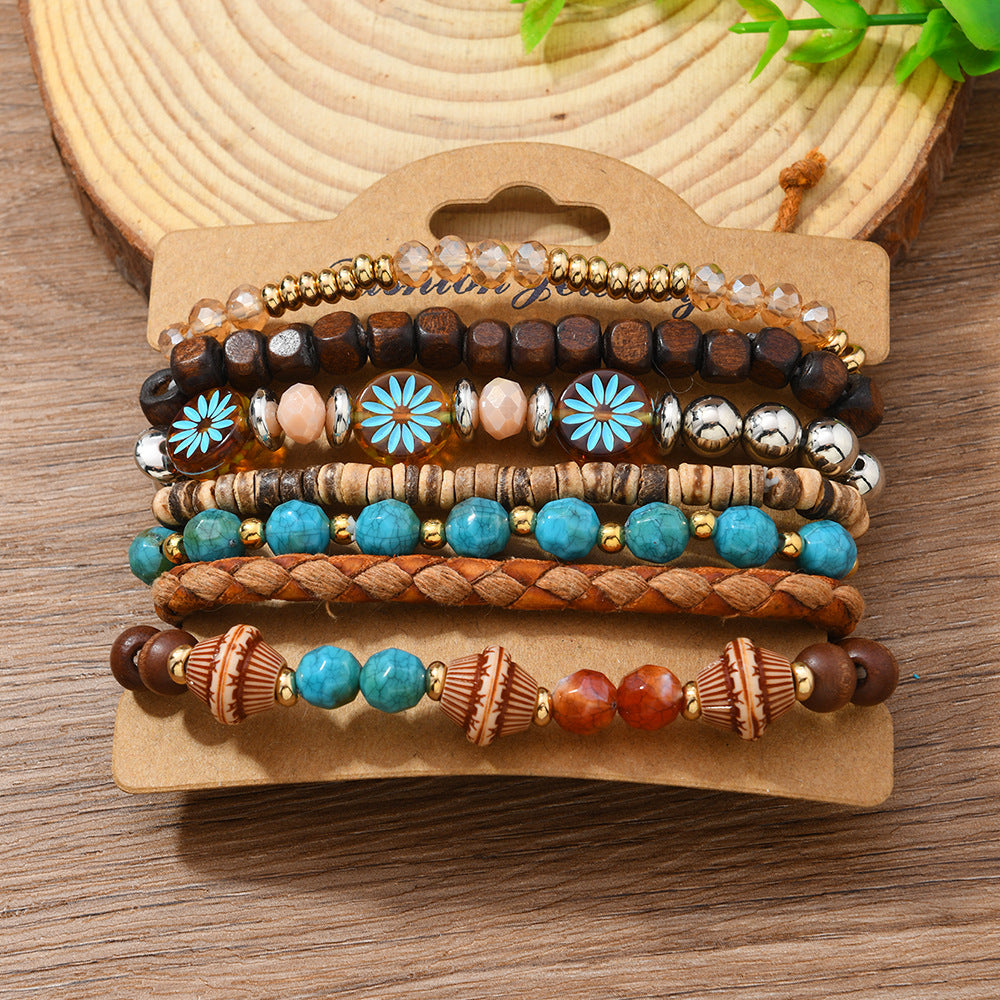 Wholesale Bohemian Multi-Layer Braided Bracelet Vintage Turquoise Tassel Beads Trendy Jewelry Accessory for Women