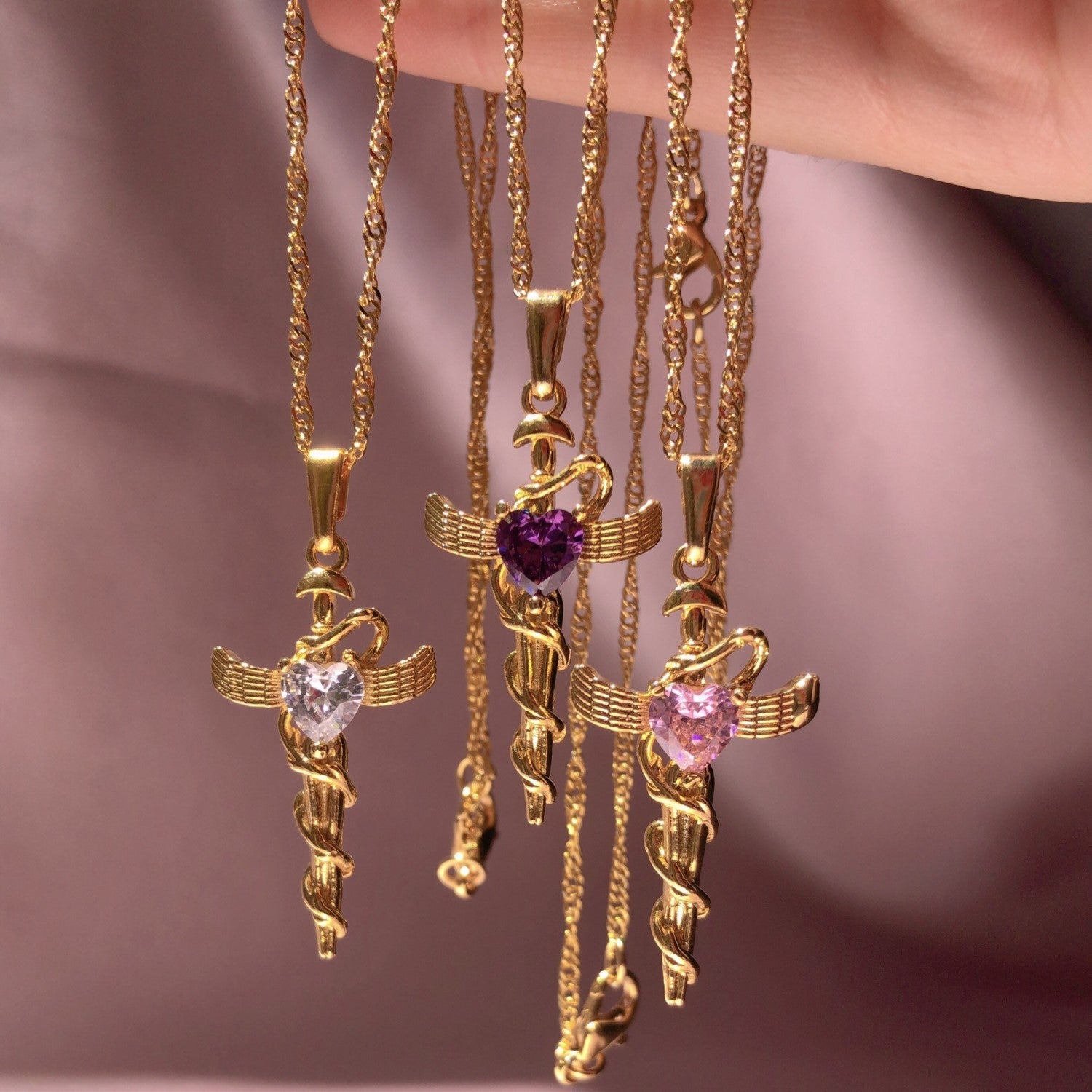 Wholesale 14k Gold Plated Cross Snake Heart Zircon Necklace