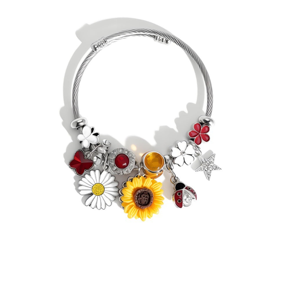 Wholesale Sunflower Bee Adjustable Open Cuff Bracelet Stainless Steel Nature Theme Fashion Accessory Boutique Resale Jewelry