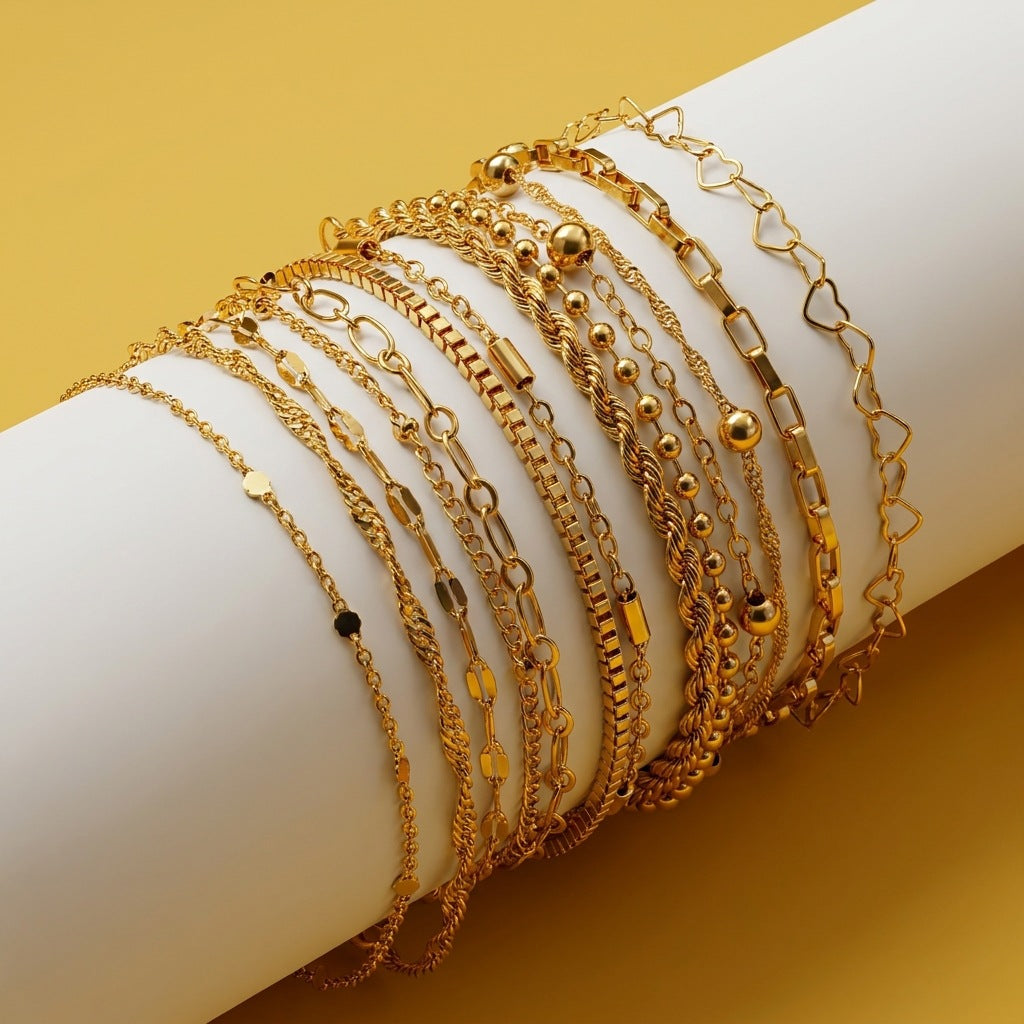 Wholesale 13 Piece Geometric Heart Layered Bracelet Set Gold Electroplated Travel Souvenir Fashion Jewelry Accessory