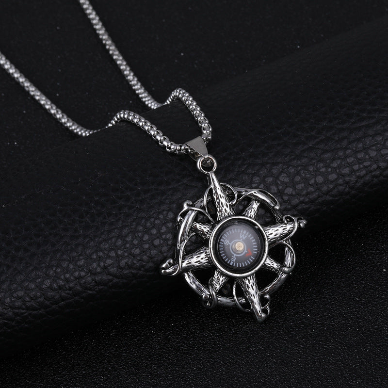 Wholesale Alloy Compass Pendant Necklace Silver Geometric Mens Trendy Street Fashion Jewelry