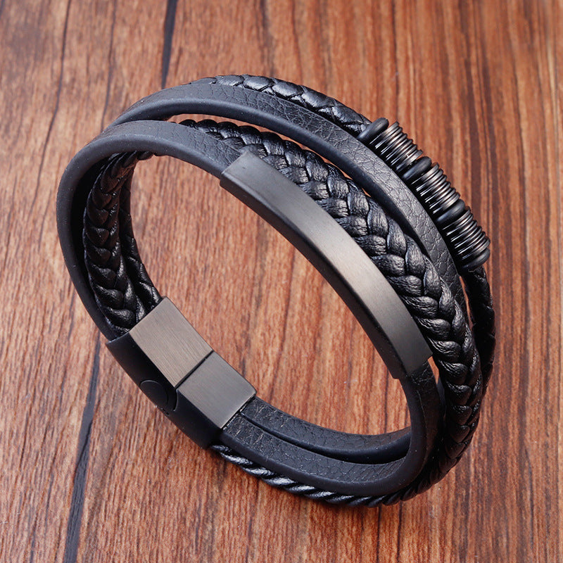 Wholesale Multi-layer Woven Men's Cowhide Stainless Steel Bracelet ACC-BT-OSD003
