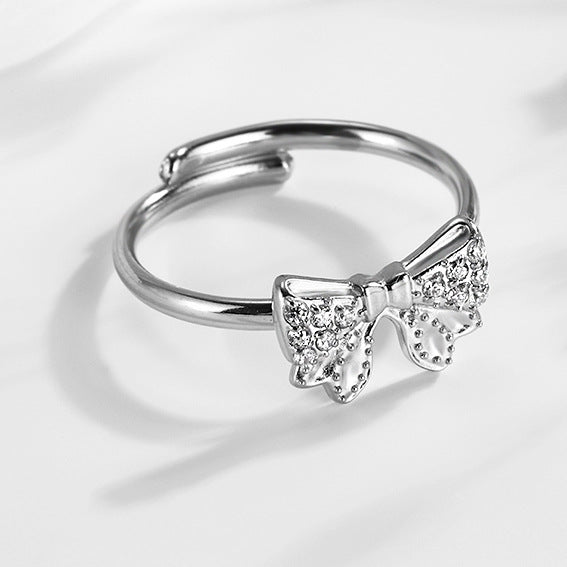 Wholesale 2PCS Steel-titanium bow zircon ring adjustable