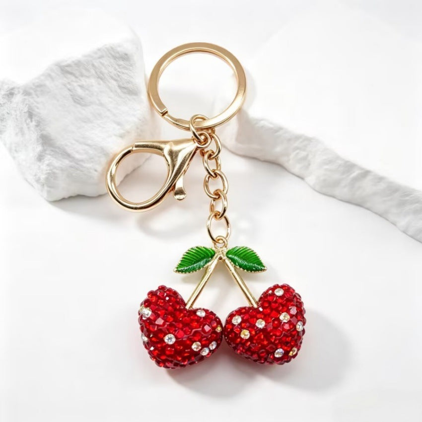 Wholesale 3D Rhinestone Cherry Heart Keychain Charm Creative Car Key Bag Pendant Decorative Accessory