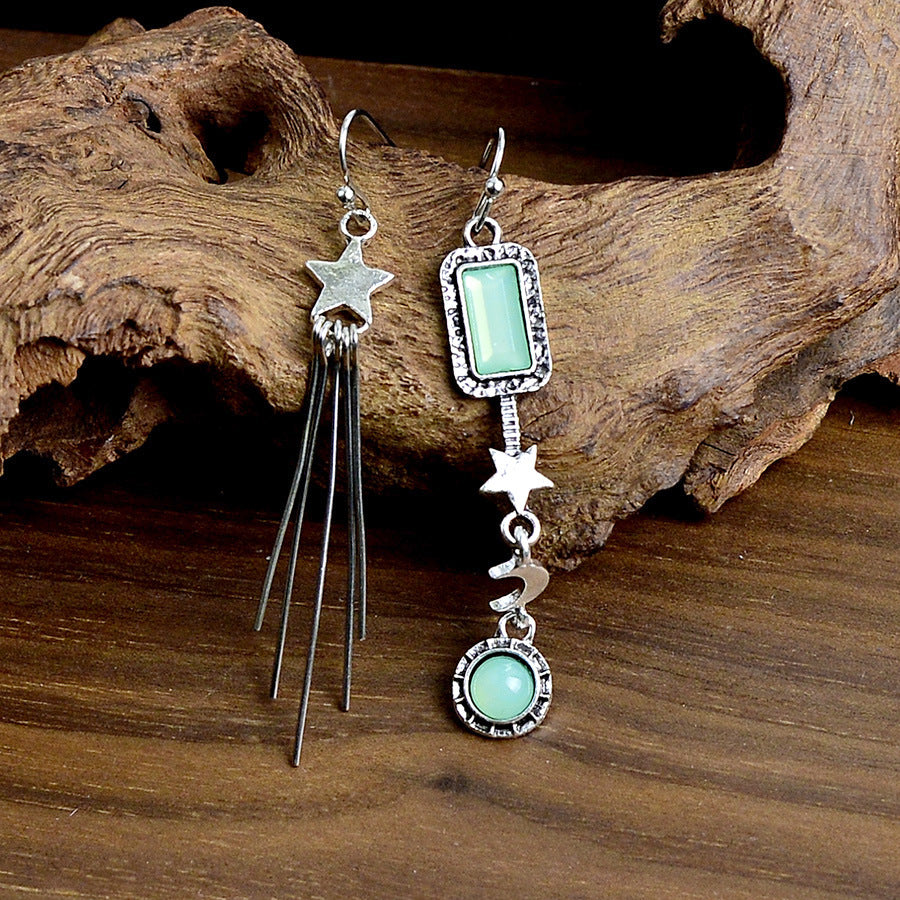 Wholesale Vintage Long Earrings With Star and Moon Motifs and Gemstone Tassels