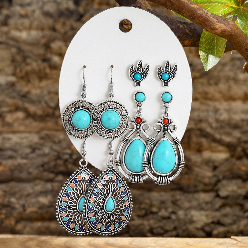 Wholesale Turquoise Tassel Earrings Set - Bohemian Ethnic Style