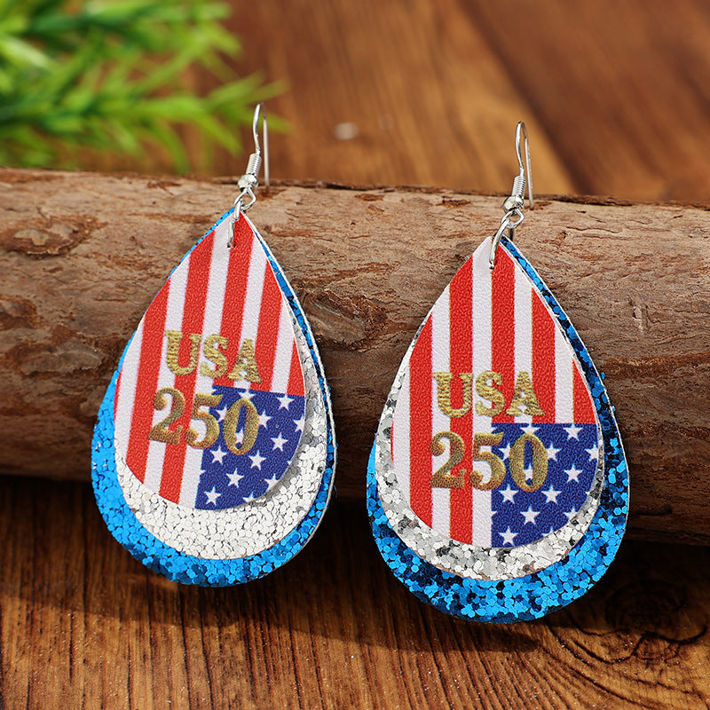 Wholesale American Flag Water Drop 250th Anniversary Party Earrings with Multi Layer Sequins