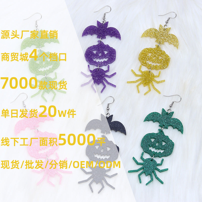 Wholesale Halloween Earrings Long Stitching Bat Pumpkin Spider Acrylic Earrings
