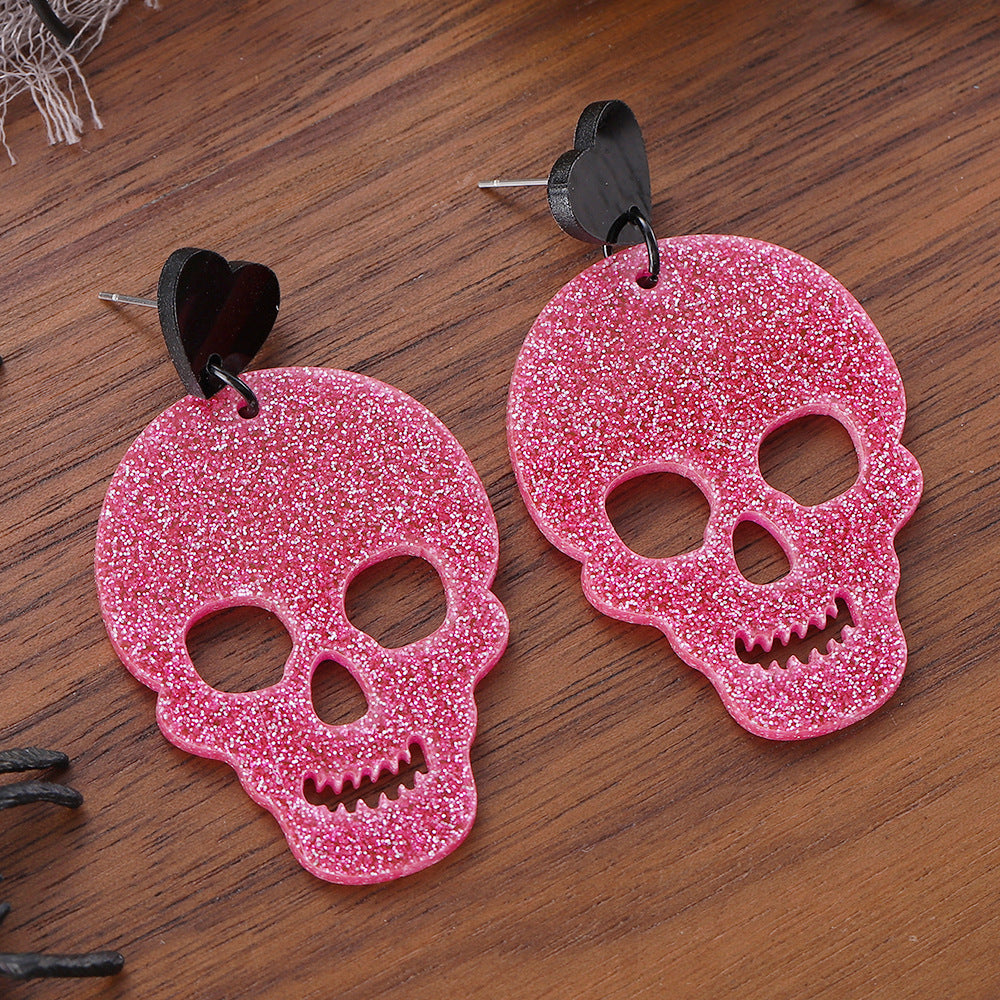 Wholesale Halloween Pink Skull Sequin Acrylic Hollow Earrings ACC-ES-ChuLian071