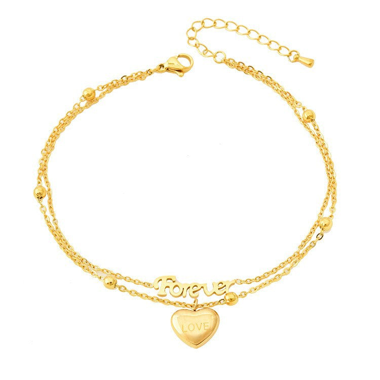 Wholesale Titanium Steel elegant double-layer letter anklet heart-shaped pendant beach anklet