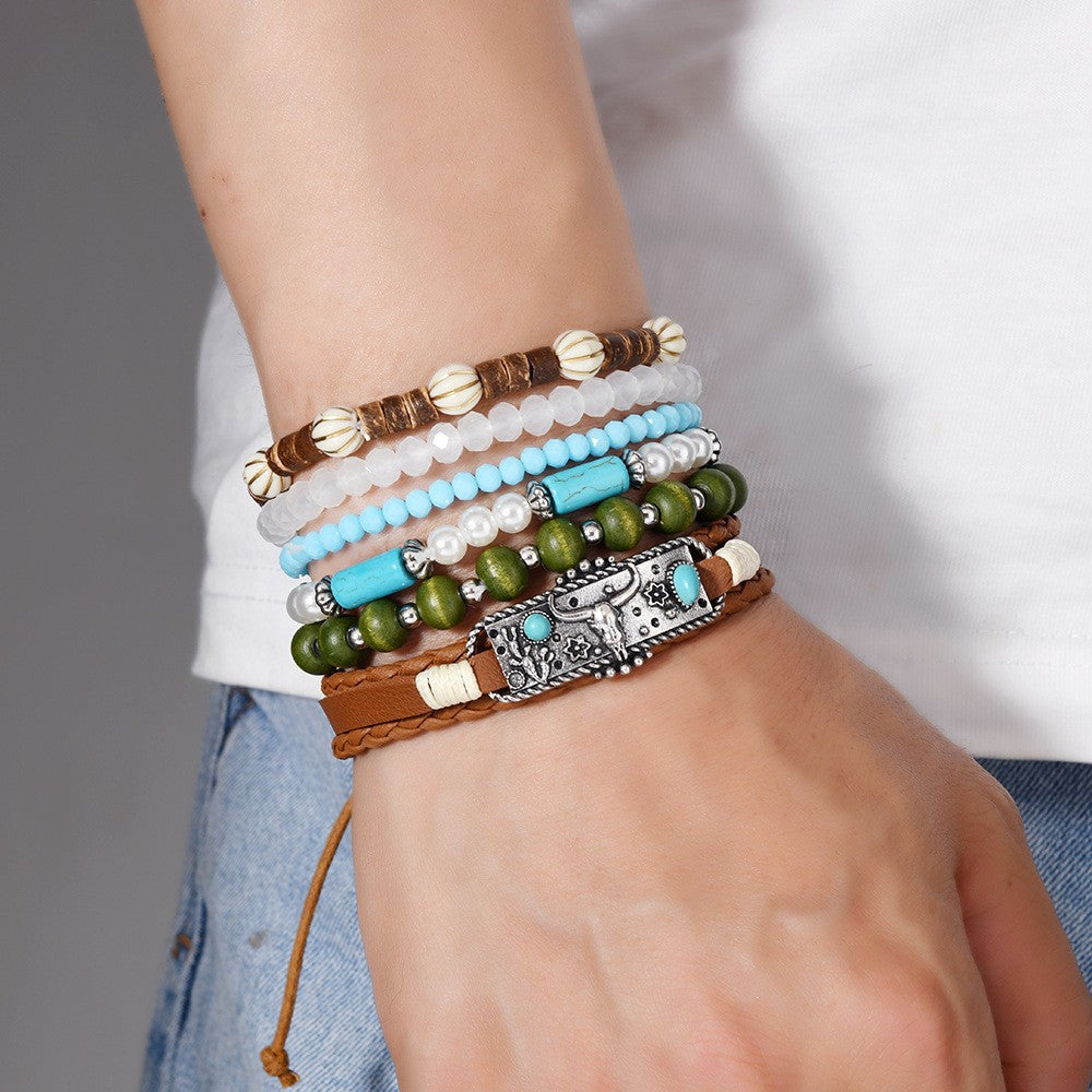 Wholesale Western style Layered Bracelet Set Turquoise Beaded Bracelet Leather Bracelet Jewelry