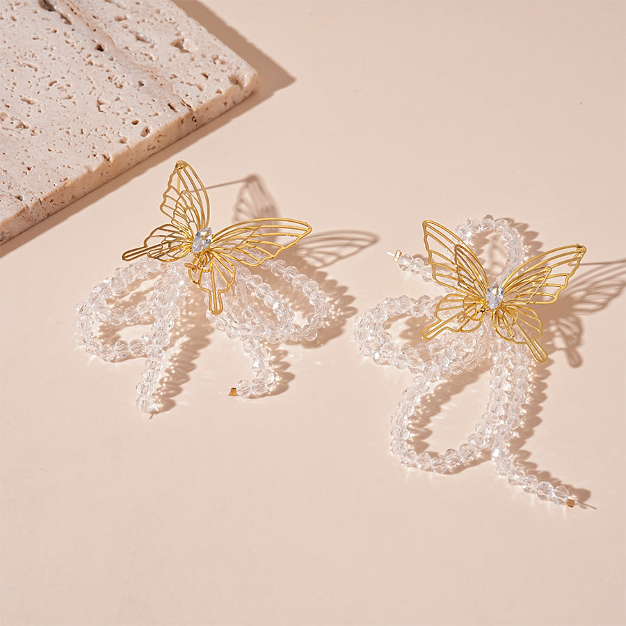 Wholesale Zirconia Crystal Butterfly Tassel Silver Needle Earrings